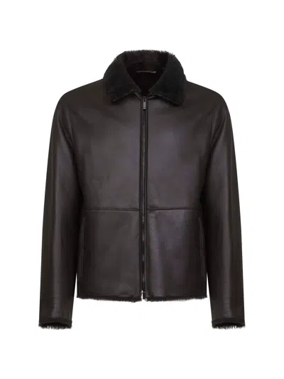 Giorgio Armani Brown Sheepskin Blouson In Gray