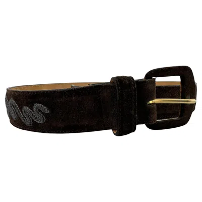 Pre-owned Giorgio Armani Brown Suede Belt With Decorative Blue Grey Stitching 70/28 In Gray