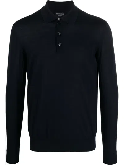 Giorgio Armani Button-front Long-sleeved Polo Shirt In Blue
