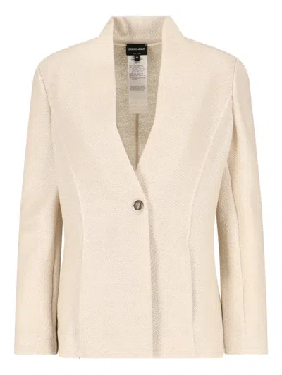 Giorgio Armani Tailored Blazer Textured Fabric Notched Lapel In White