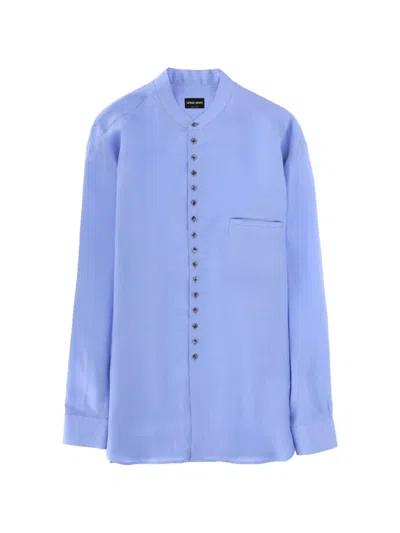 Giorgio Armani Linen Shirt Long Sleeves Chest Pocket Cuffs In Blue