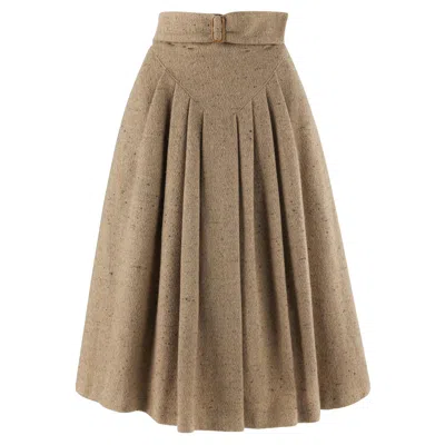 Pre-owned Giorgio Armani C.1980's Brown Tweed Wool Pleated Wrap Buckle A-line Skirt