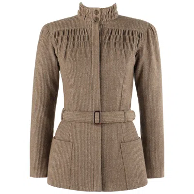 Pre-owned Giorgio Armani C.1980's Light Brown Tweed Belted Ruched High Neck Jacket