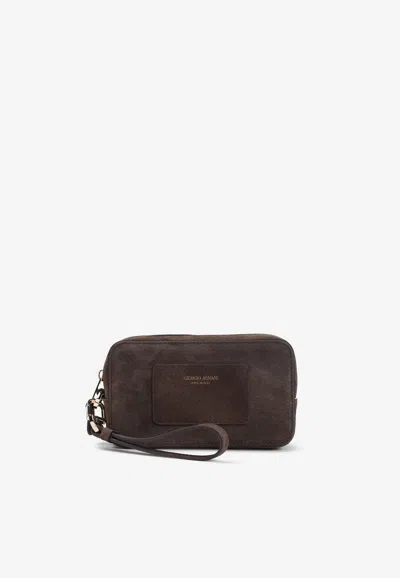 Giorgio Armani Calf Leather Beauty Case In Brown