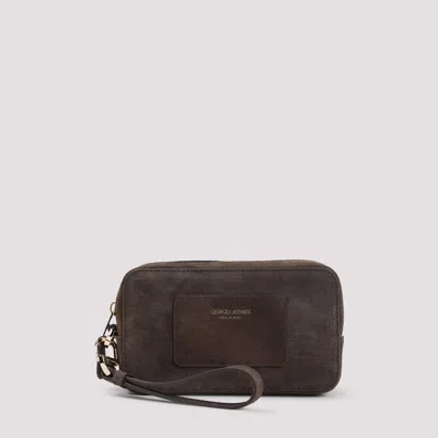 Giorgio Armani Calf Leather Beauty Case In Brown