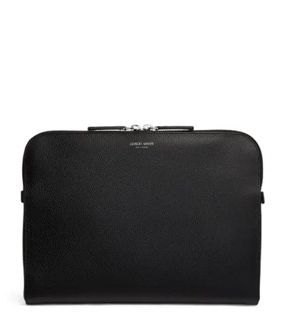 Giorgio Armani Logo-stamp Leather Laptop Bag In Black