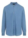 Giorgio Armani Long-sleeve Cotton Shirt With Band Collar And Button-down Front In Blue