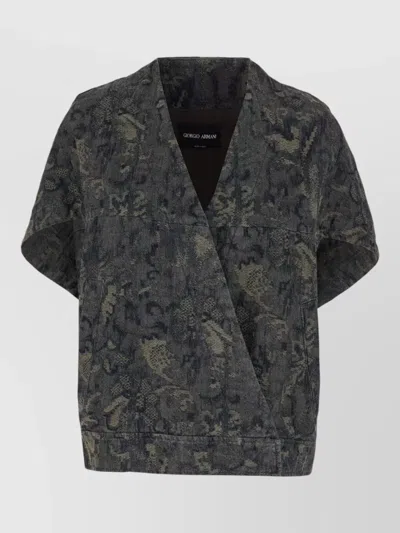 Giorgio Armani Camouflage Cotton Vest Short Sleeves V Neck In Black