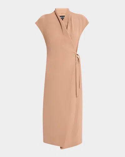Giorgio Armani Cap-sleeve Cupro Wrap Midi Dress In Solid Medium Brown