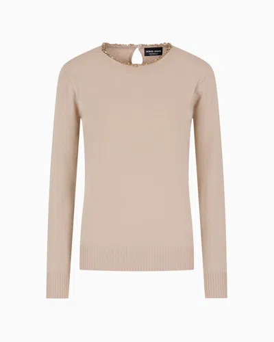 Giorgio Armani Cashmere Crew-neck Jumper With Embroidery In Neutral
