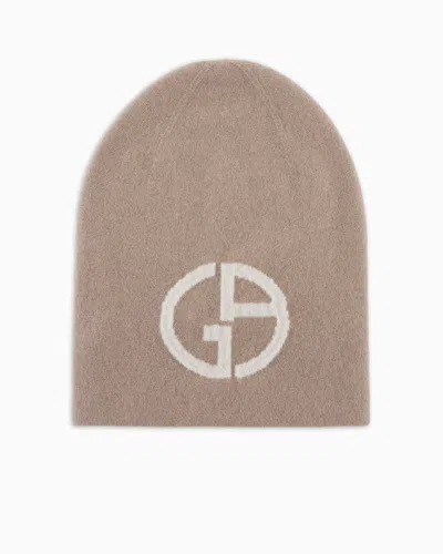 Giorgio Armani Official Store Cashmere Jacquard Logo Beanie In Beige