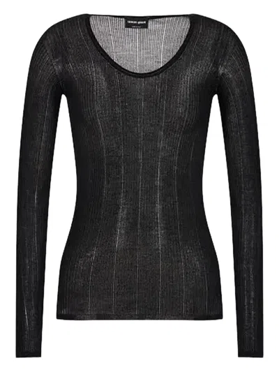 Giorgio Armani Knitwear Scoop Neck Sheer Ribbed Texture Long Sleeves In Gray
