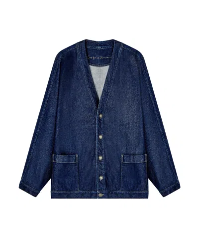 Giorgio Armani Indigo Denim V-neck Metallic Button Jacket In Blue