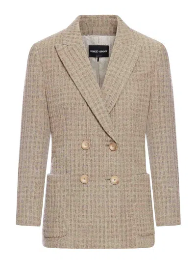 Giorgio Armani Seersucker Cashmere Double-breast Blazer In Grey