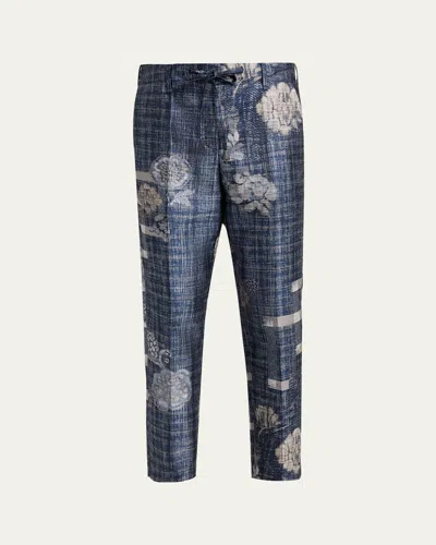 Giorgio Armani Check Floral Jacquard Straight-leg Ankle Trousers In Blue