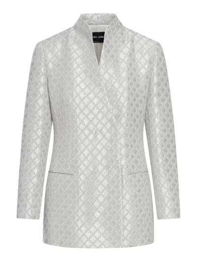 Giorgio Armani Geometric Paillette Jacquard Asymmetric Double-breasted Jacket In Grey