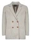 Giorgio Armani Women Beige Jacquard Jersey Double-breasted Jacket In Gray