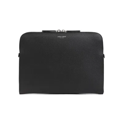 Giorgio Armani Classic Black Leather Briefcase For Men In Ss24