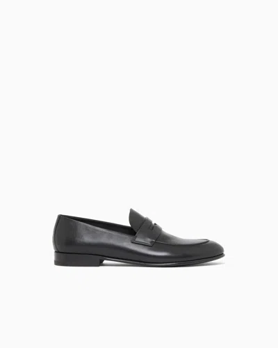 Giorgio Armani Classic Calf Leather Penny Loafers In Black
