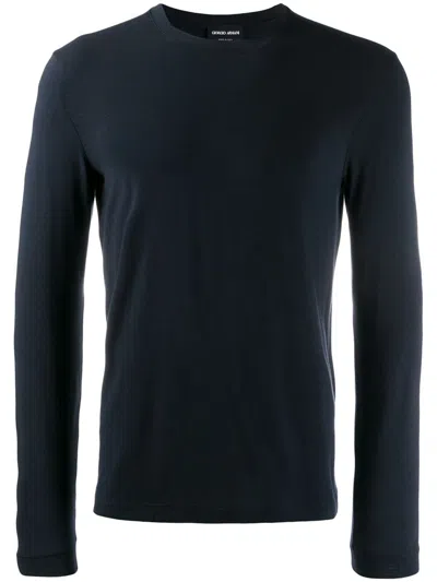 Giorgio Armani Long-sleeve Viscose-blend T-shirt With Minimalist Design In Blue