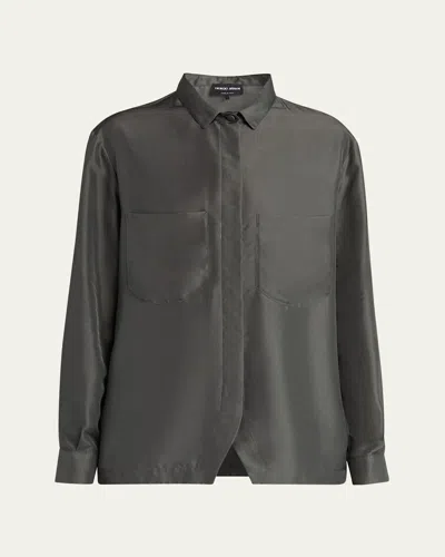 Giorgio Armani Collared Button Down Silk Blouse In Dark Green
