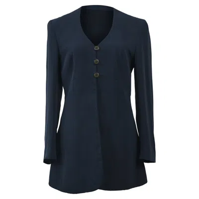 Giorgio Armani Collarless Blazer In Navy Blue Wool