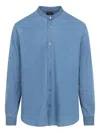 Giorgio Armani Long-sleeve Cotton Shirt With Band Collar And Button-down Front In Blue