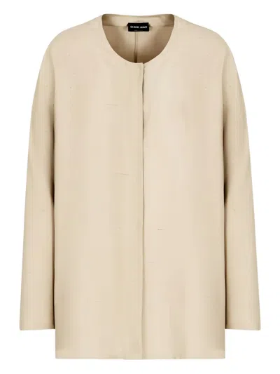 Giorgio Armani Collarless Silk Shirt In Neutral