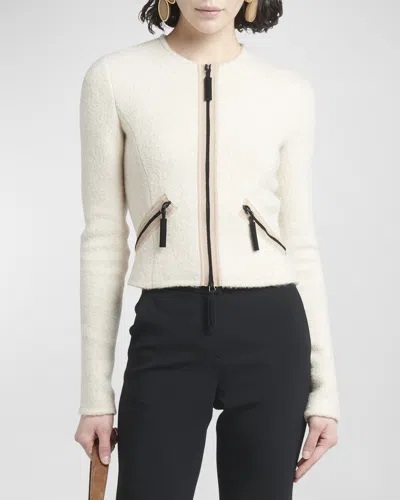 Giorgio Armani Contrast Grosgrain Zip-front Cashmere Silk Jacket In Neutral