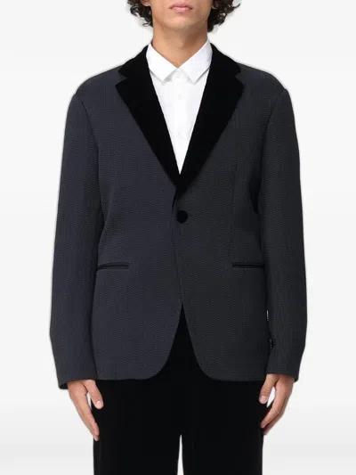 Giorgio Armani Contrast-lapel Textured-finish Blazer In Blue