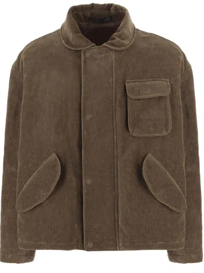 Giorgio Armani Cotton And Linen Jacket With Classic Shirt Collar And Hidden Button Closure In Brown