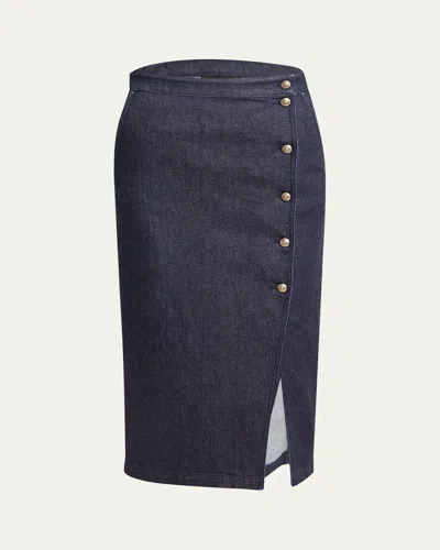 Giorgio Armani Cotton-cashmere Denim Button Midi Skirt In Blue
