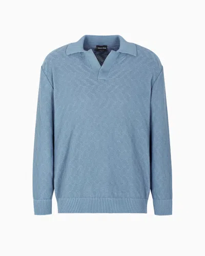 Giorgio Armani Cotton Jacquard Knitted Polo Shirt In Blue