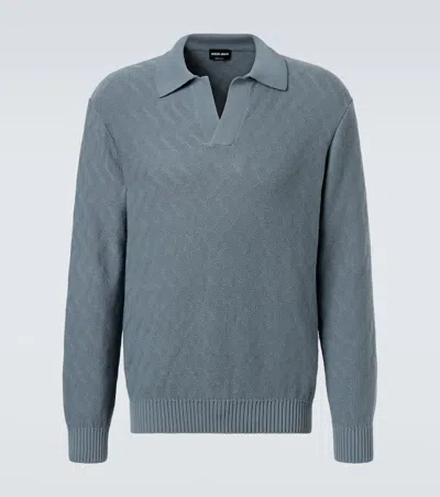 Giorgio Armani Cotton Jacquard Polo Sweater In Blue