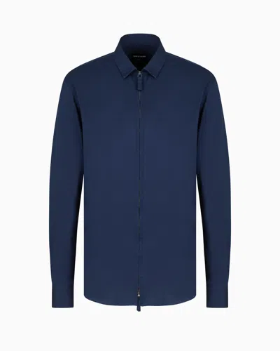 Giorgio Armani Official Store Cotton-jersey Zipped Shirt In Navy Blue