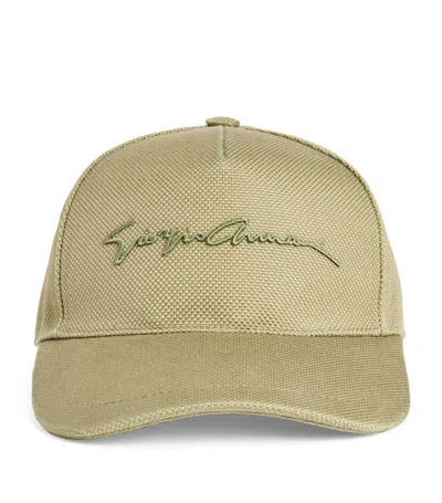 Giorgio Armani Cotton Script Logo Baseball Cap In Beige