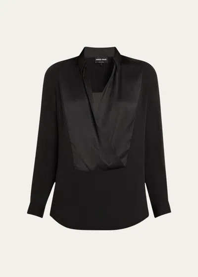 Giorgio Armani Cowl Neck Silk Georgette Blouse In Solid Black
