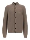 Giorgio Armani Ribbed Texture High Neck Cardigan With Front Pockets In Brown