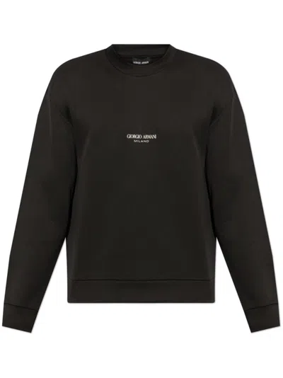 Giorgio Armani Crew Neck Jumper With Ribbed Cuffs And Logo Detail In Black