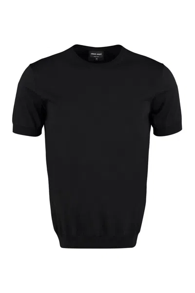 Giorgio Armani Crewneck Short-sleeved Knit Jumper In Black