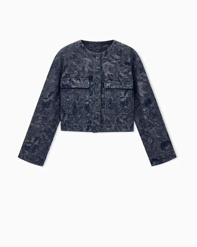 Giorgio Armani Cropped Blouson In Floral Jacquard Denim With Patch Pockets In Blue