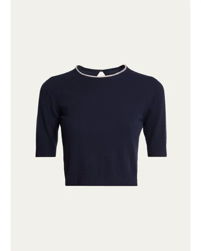 Giorgio Armani Crystal Crewneck Short-sleeve Silk Knit Crop Shirt In Solid Medi