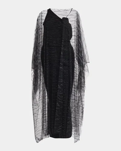 Giorgio Armani Crystal Embellished Sheer Long Cape In Black