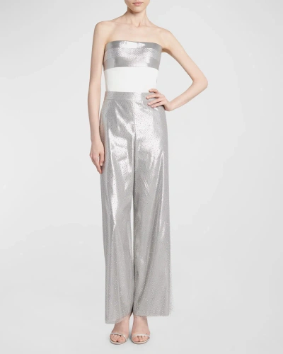 Giorgio Armani Crystal Wide-leg Silk Trousers In Silver
