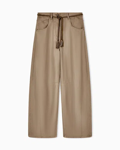 Giorgio Armani Cupro And Linen Trousers With Belt In Brown