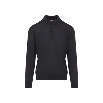 Giorgio Armani Dark Grey Wool Sweater With Polo Collar In Blue