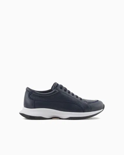 Giorgio Armani Deerskin And Leather Trainers In Navy Blue
