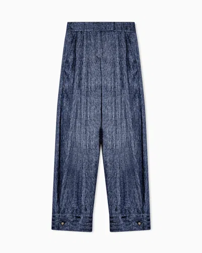 Giorgio Armani Denim-print Silk Trousers With Pleats Denim Collection In Blue