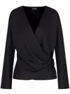 Giorgio Armani Silk Satin Draped V-neckline Waist Long Sleeves In Black