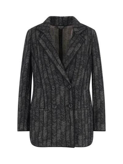 Giorgio Armani Tailored Jacket With Patterned Notched Lapels In Black